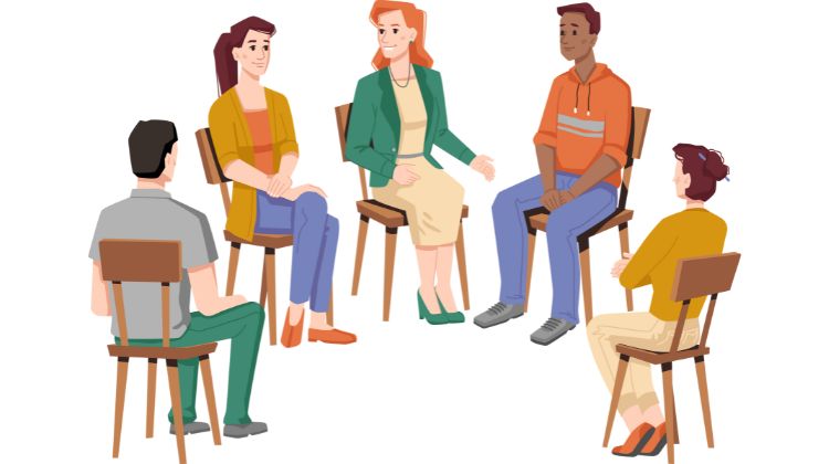 Gruppensupervision. Supervision als professionelle Unterstützung zur Reflexion beruflicher Situationen. Personen (grafisch dargestellt) in einem Kreis.